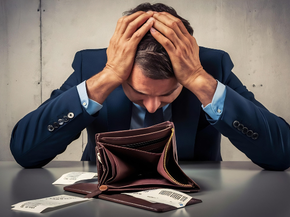 Businessman has no money unemployed bankrupt man looks into his empty wallet