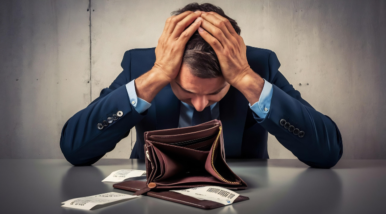 Businessman has no money unemployed bankrupt man looks into his empty wallet